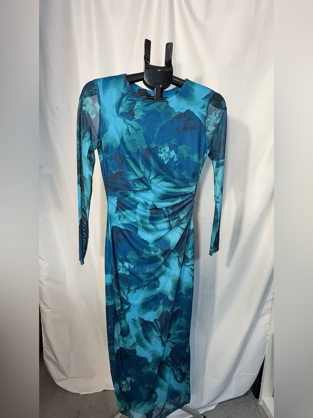 Blue Mesh Maxi Dress - Long Sleeve Ruched Bodycon - Size S